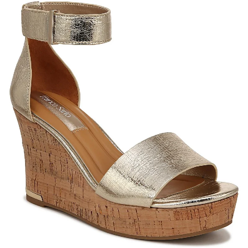 Franco Sarto Womens Clemens Cork Leather Ankle Strap Wedge Sandals