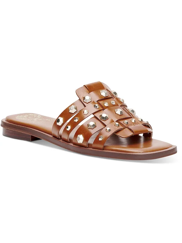 Neverna Womens Leather Studded Slide Sandals