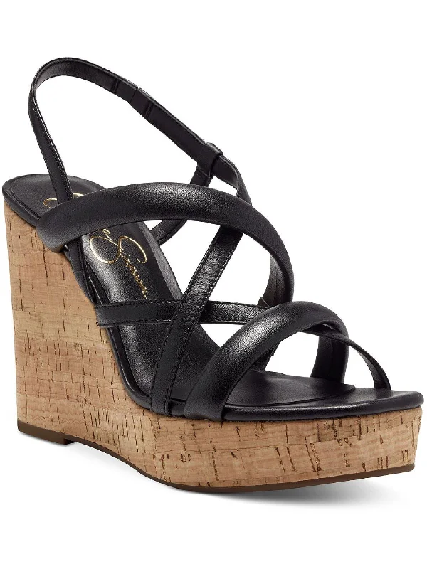 Simina Womens Leather Strappy Wedge Sandals