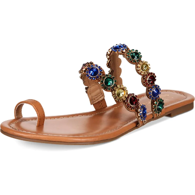 Thalia Sodi Womens Joya Faux Leather Rhinestone Thong Sandals