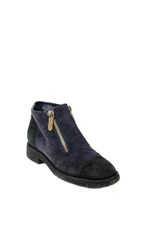 Chanel Womens Suede Cap Toe Zipper Front Ankle Boots Navy Blue Black