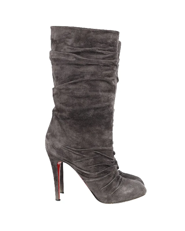 Christian Louboutin Pleated Prios Boots in Grey Suede