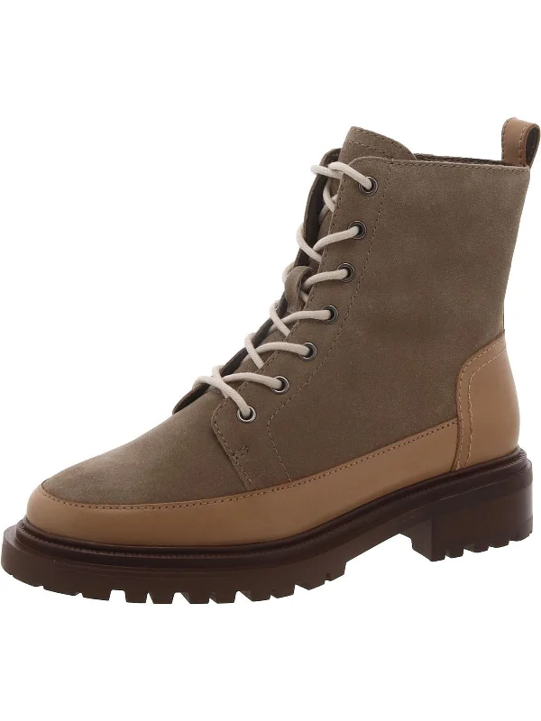 Leasa Womens Suede Almond Toe Combat & Lace-Up Boots