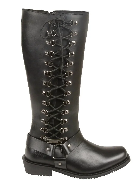 Women's Classic Leather 14-Inch Harness Square Toe Tall Boots In Black