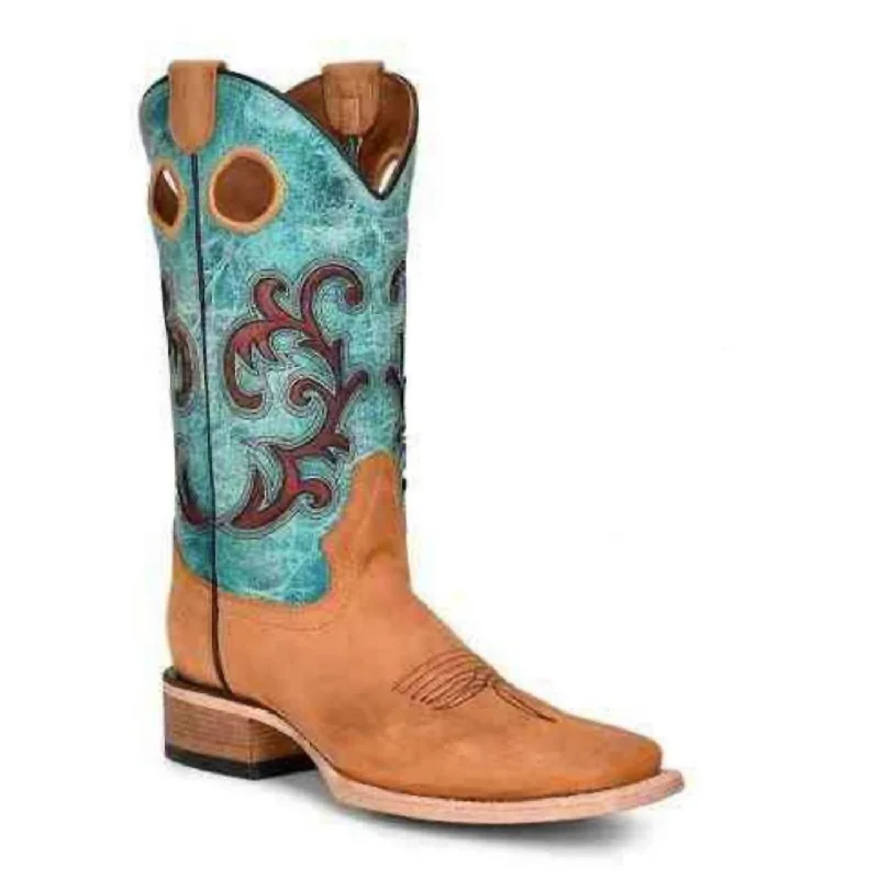 Women's Embroidery Square Toe Boots In Honey & Turquoise