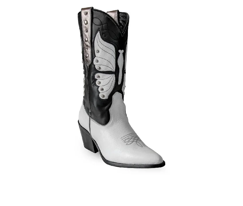 Women's Italian Western Premium Leather Monarch Boots In Black&white