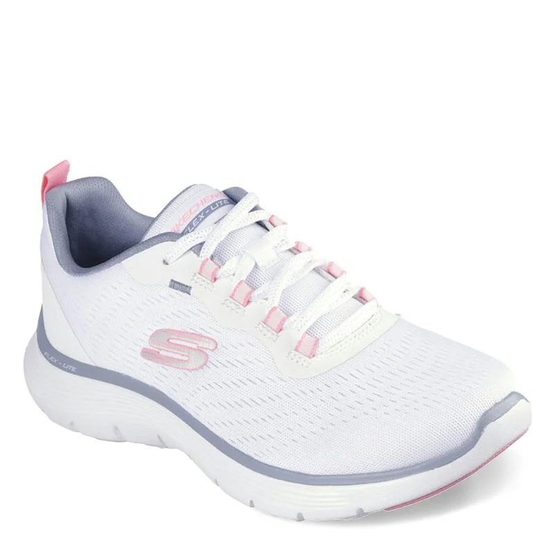 Skechers Women's Flex Appeal 5.0 Sneaker, White Mesh Pink Light Blue Trim