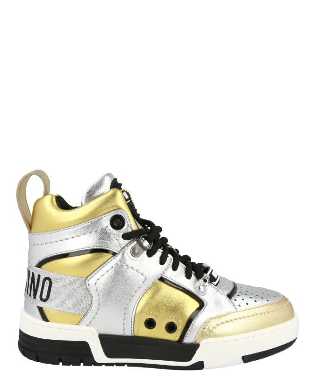 Moschino Womens Streetball Asymmetrical High-Top Sneakers