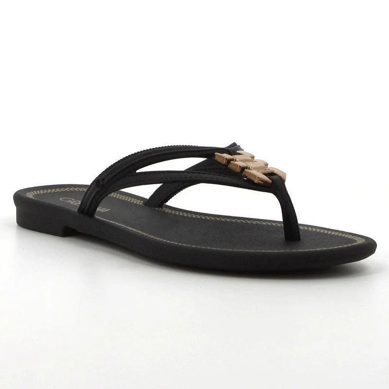 Grendha Thong Sandals with Gold Trim - Black