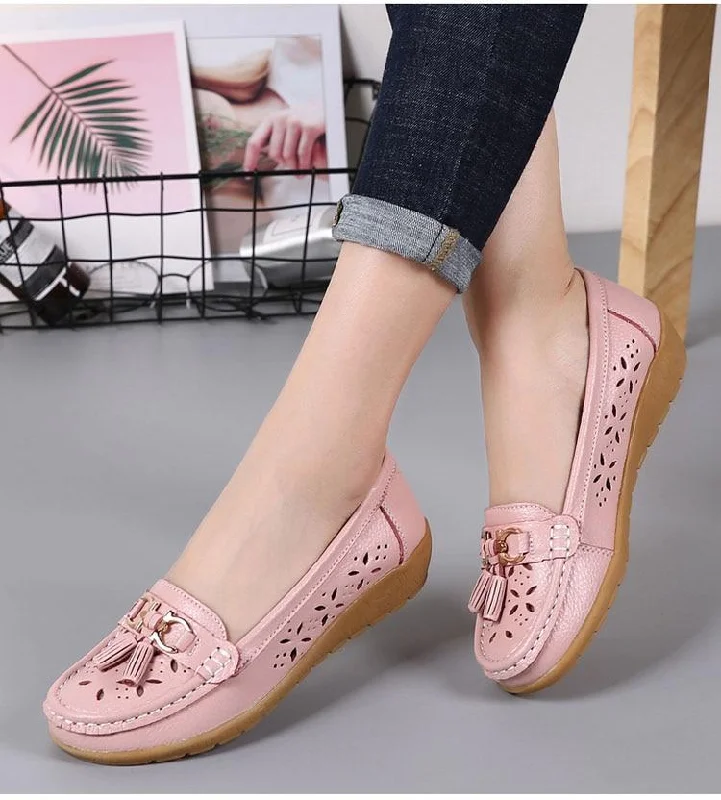 Summer Women's Genuine Leather Breathable Cut-Outs Flats Slip-on Loafers