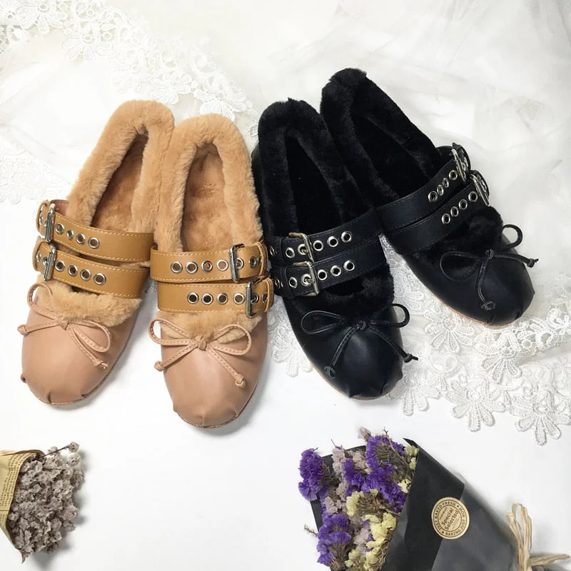 Winter Women's Fur Round Toe Butterfly Knot Belt Buckle Flat Ballet Shoes