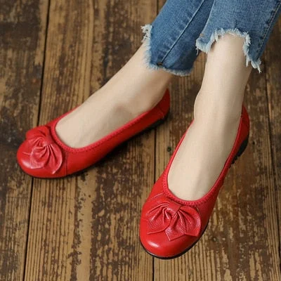 Women's Butterfly knot Genuine Leather Round Toe Casual Flat Shoes