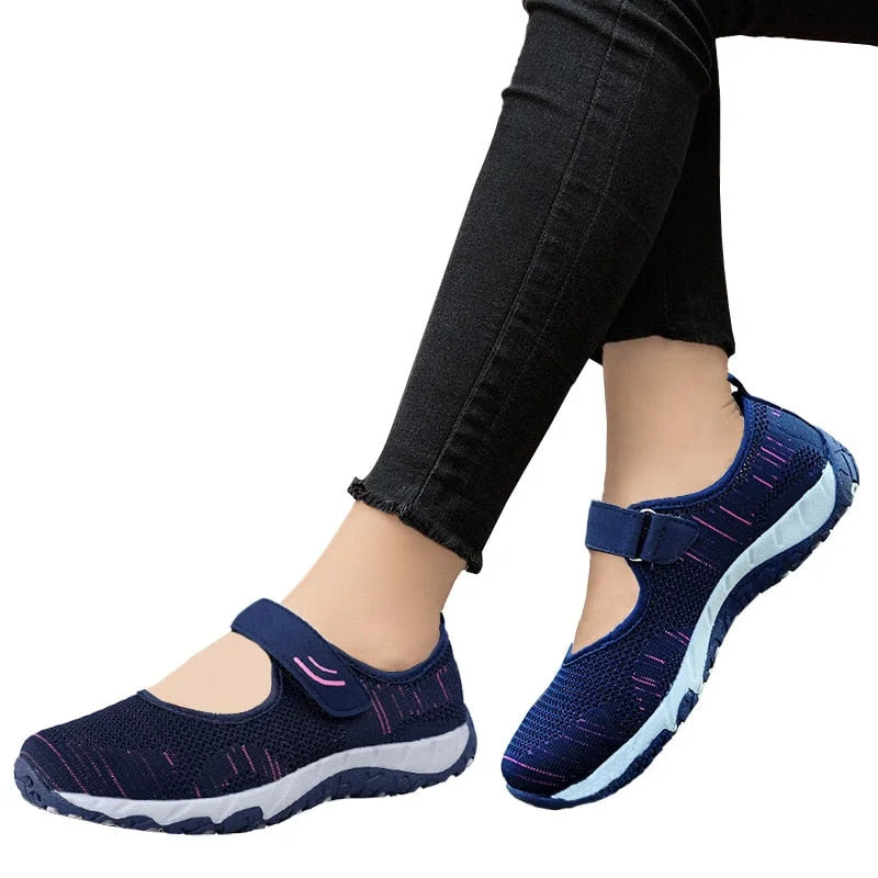 Women's Solid Round Toe Hook and Loop Mary Janes Flat Casual Shoes