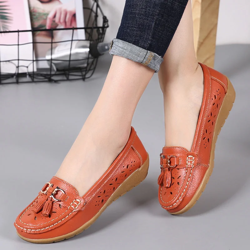 Women's Summer Leather Moccasins Casual Soft Boat Low Heel Flats